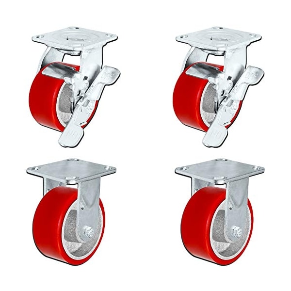 Heavy Duty Casters, 4"x2" Heavy Duty Caster Set W/ Red, PK4